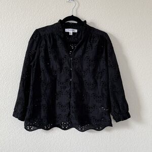 Catherine Malandrino Cotton Black Ruffle Collar V Neck Eyelet Woven Top Size M
